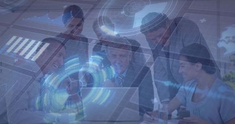 Excited Business Team Analyzing Digital Data with Laptop