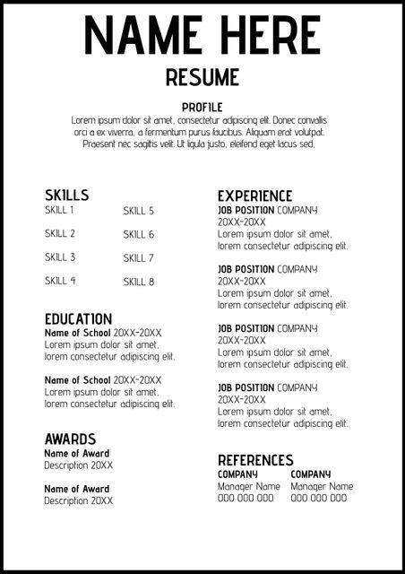 Use this clean and versatile resume template to create a professional CV that catches employers' attention. Customize it with your skills, experience, education, and awards to highlight your strengths in a clear and concise manner. Perfect for job seekers aiming for a modern and polished look in their job applications. Great for industries ranging from corporate to creative fields.
