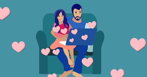 Romantic couple with laptop surrounded by pink hearts