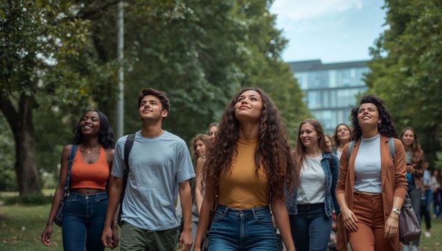Group of diverse university students walking through tree-lined campus during day