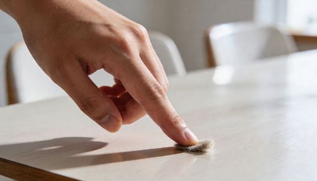 Finger nudging dust ball on sunlit wood table closeup minimal household detail