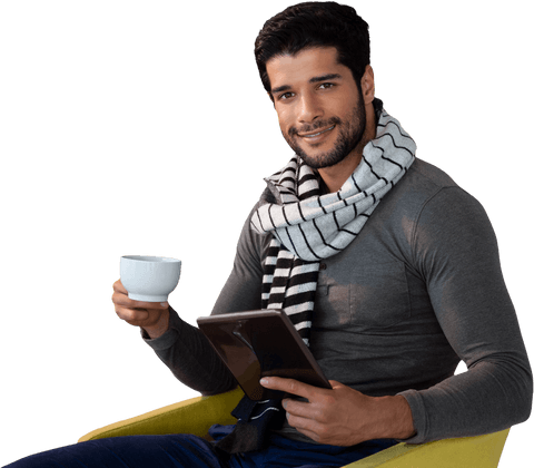 man reading tablet holding tea relaxed indoors transparent background - Download Free Stock Videos Pikwizard.com