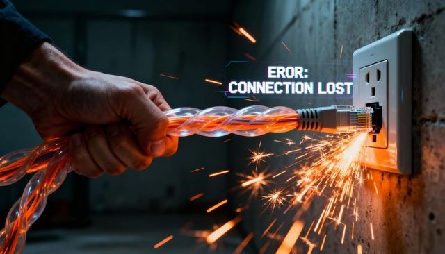 Hand pushing sparking rj45 ethernet plug into outlet with error: connection lost
