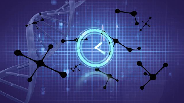 Animation displays digital representation of DNA strands and molecular structures integrated with a theoretical clock interface. Image conceptually illustrates the merging of genetic research, time, and technology, suggestive of progress in genetic sciences. Ideal for use in articles or presentations related to biotechnology, science education, or futuristic tech innovations.