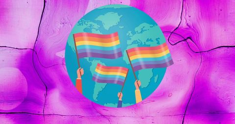 Rainbow flags and globe celebrating lgbt rights