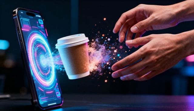 Hands reaching for coffee cup emerging from smartphone portal with neon holographic burst