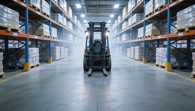 Idling counterbalance forklift sitting centered in warehouse aisle with headlights on