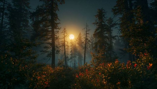Full moon illuminates misty pine forest with red berry shrubs