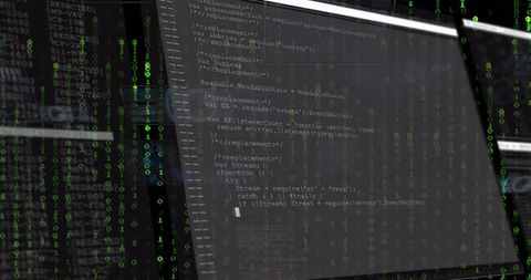 Glassy Monitor Showing Source Code with Neon Green Binary Overlay for Cybersecurity