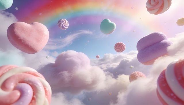 Pastel candy cloudscape with floating heart sweets, lollipops, sparkles, rainbow dream