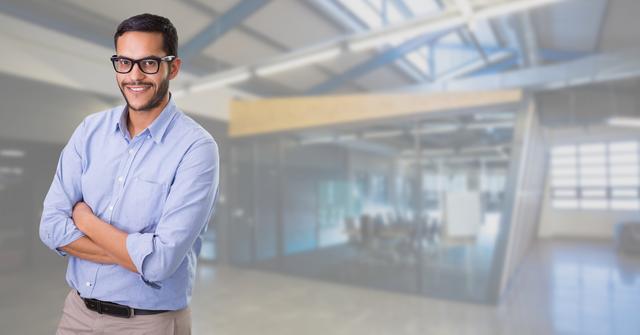 Businessman standing with arms crossed in front of a modern office interior. Suitable for illustrating corporate culture, business success, professional environments, business presentations, and marketing materials.