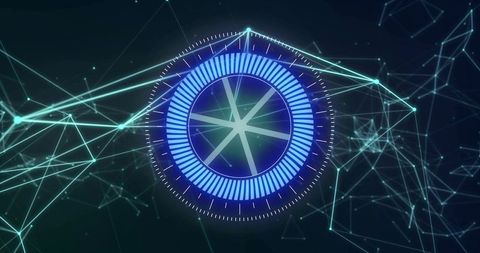 Rotating holographic hud with segmented progress ring and network mesh background