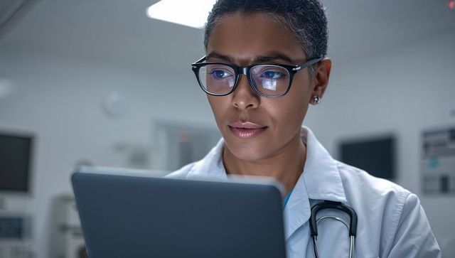Physician reviewing tablet data in clinic using digital health technology and analytics