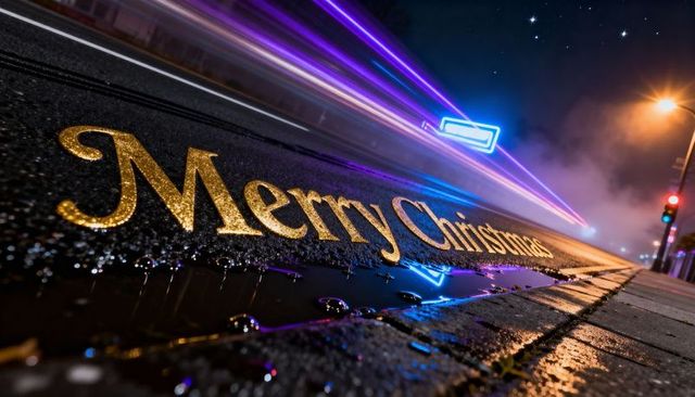 Glimmering gold merry christmas lettering reflecting neon light trails on wet urban street