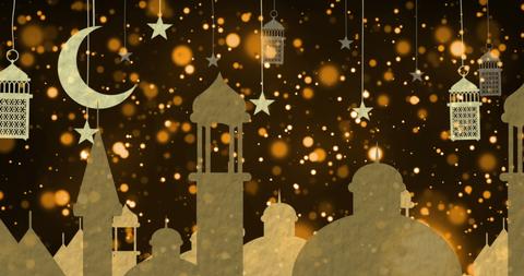 Golden Arabic Rooftops with Crescent Moon, Lanterns, and Stars on Black - Download Free Stock Images Pikwizard.com