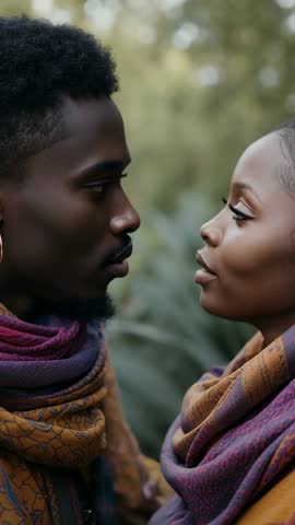 Couple Leaning Closer Sharing Intimate Gaze in Park Scarfed Connection Vertical Video