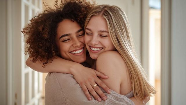 Two women sharing warm embrace and smiling, hugging in sunlit home conveying tenderness