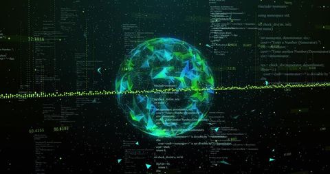Pulsing Neon Geodesic Sphere with Floating Code Columns, Data Waveform and Digital Mesh