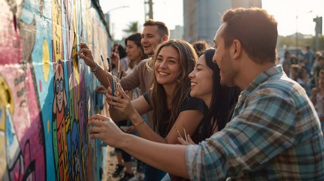 Diverse Young Adults Collaborating on Vibrant Street Mural Painting Community Art Festival