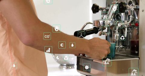 Barista Using Espresso Machine with Digital Metrics Icons