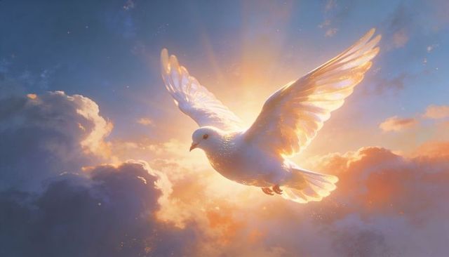 Soaring white dove gliding through golden sunlight above cumulus clouds with rim light