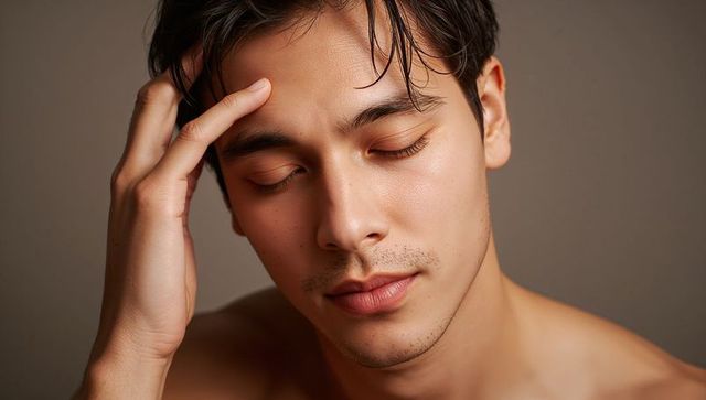 Serene man resting with eyes closed touching temple, dewy freckled closeup headshot