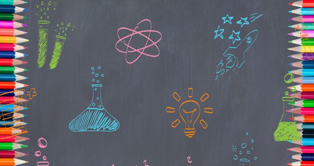 Colorful science and creativity sketches drawn on a chalkboard background surrounded by an array of colorful pencils. Chalk drawings include a test tube, atom, flask, rocket, and light bulb symbolizing various scientific concepts and creativity. Great for educational materials, school posters, STEM promotions, and learning resources.