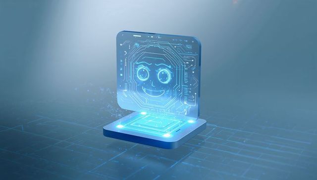 Projecting holographic ai face from compact cyan circuit display for futuristic tech