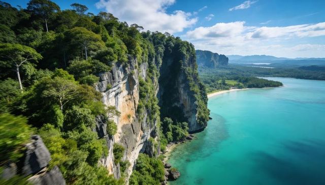 Dramatic limestone cliff dropping to turquoise bay with pristine beach and lush canopy