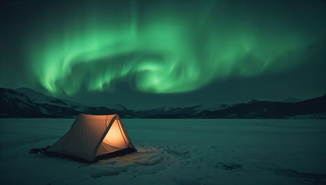 Aurora Borealis Illuminates Canvas Tent on Snowy Northern Landscape
