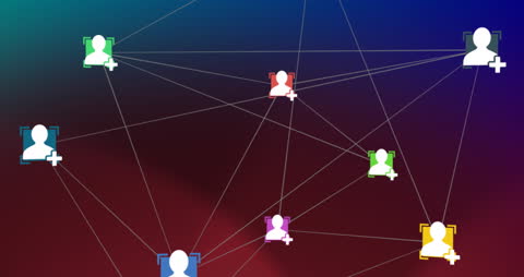 Abstract depiction of interconnected social media icons over a gradient red and blue background, illustrating technology and communication in a digital network. Ideal for use in presentations, websites, or content focused on digital communication, social media strategies, or global connectivity.