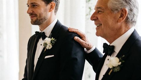 Father placing hand on groom shoulder while groom smiling in black tuxedos