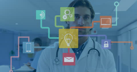 Digital Interface Icons Overlaying Doctor in Hospital