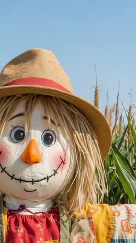 Vertical Panning Showing Handmade Scarecrow in Cornfield Revealing Swaying Stalks