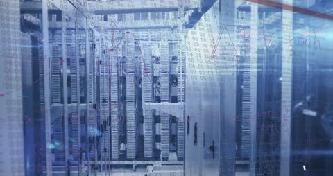 Futuristic Server Room with Mathematical Equations Overlay