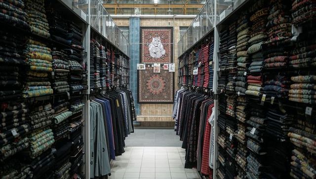 Narrow textile aisle leading toward decorative rugs and neatly folded knitwear display