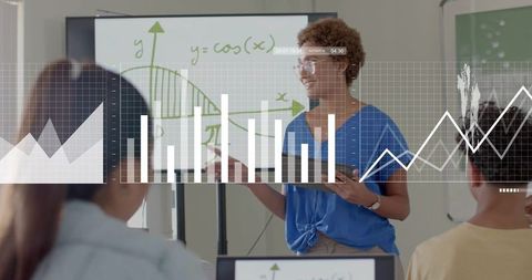 Teacher Presenting Math Concepts with Tablet and Interactive Analytics Overlay in Classroom