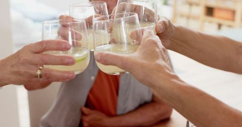 Friends sharing toast with refreshing lime cocktails at home
