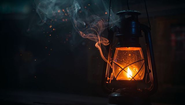 Vintage Oil Lantern Casting Warm Glow in Rustic Cabin Ambience