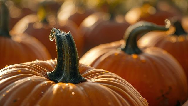 Dew-Kissed Pumpkin in Golden Sunlight on Farm Field