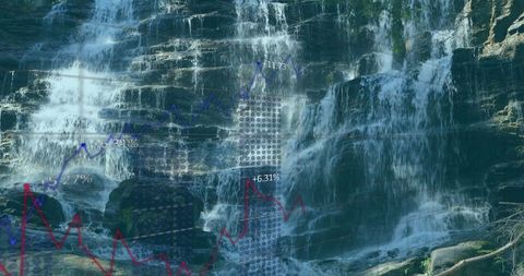 Waterfall with finance chart overlays merging nature with data
