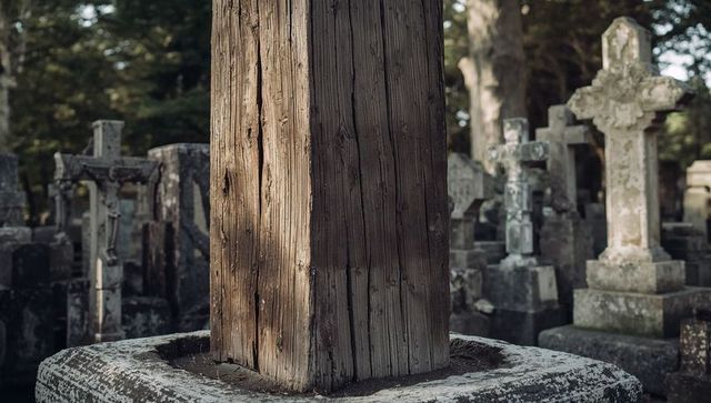 Weathered timber column rising from stone plinth among mossy tombstones in historic cemetery