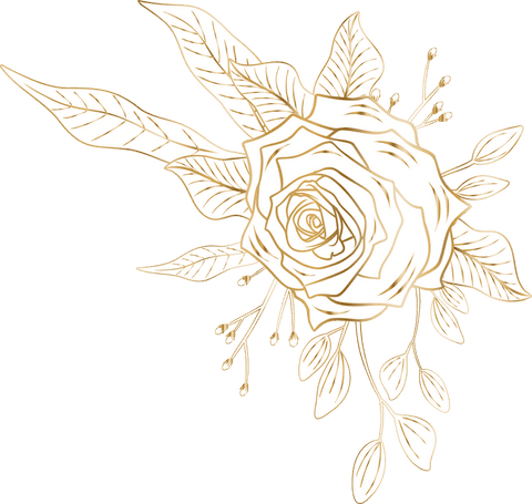Elegant gold rose with leaves and buds on transparent background
