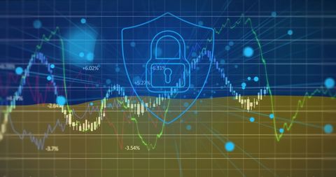 Secure Data Analytics with Financial Graphs and Padlock Over Ukraine Flag - Download Free Stock Images Pikwizard.com