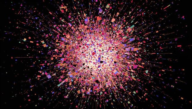 Radiating bright core emitting multicolor square particles with radial neon trails