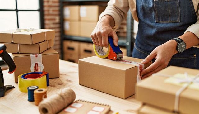 Small Business Packing Station Sealing Cardboard Boxes with Tape Dispenser and Labels