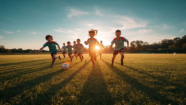 Energetic children playing soccer at sunset on field