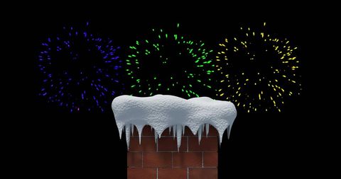Bright Fireworks Over Snow-Covered Chimney Night Scene