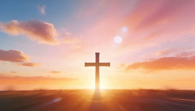 Silhouetting cross standing on hilltop at sunrise with radiant lens flare and warm sky