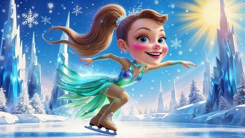 Animated figure skater on sparkling winter ice skating fantasy